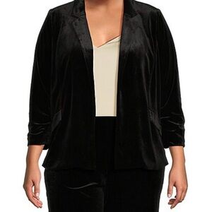 Skies are Blue Black Velvet Notch Lapel Blazer Open Front 3/4 Ruched Sleeve